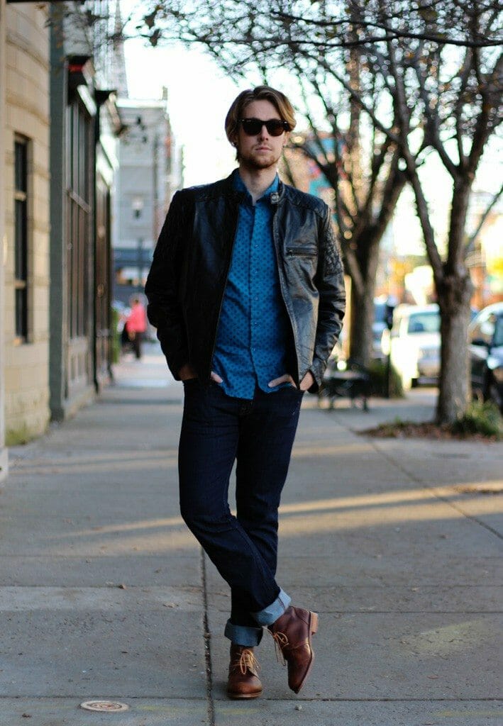 The Kentucky Gent in Obey Woven, Andrew Marc Leather Jacket, WESC Jeans, and J Shoes Boots