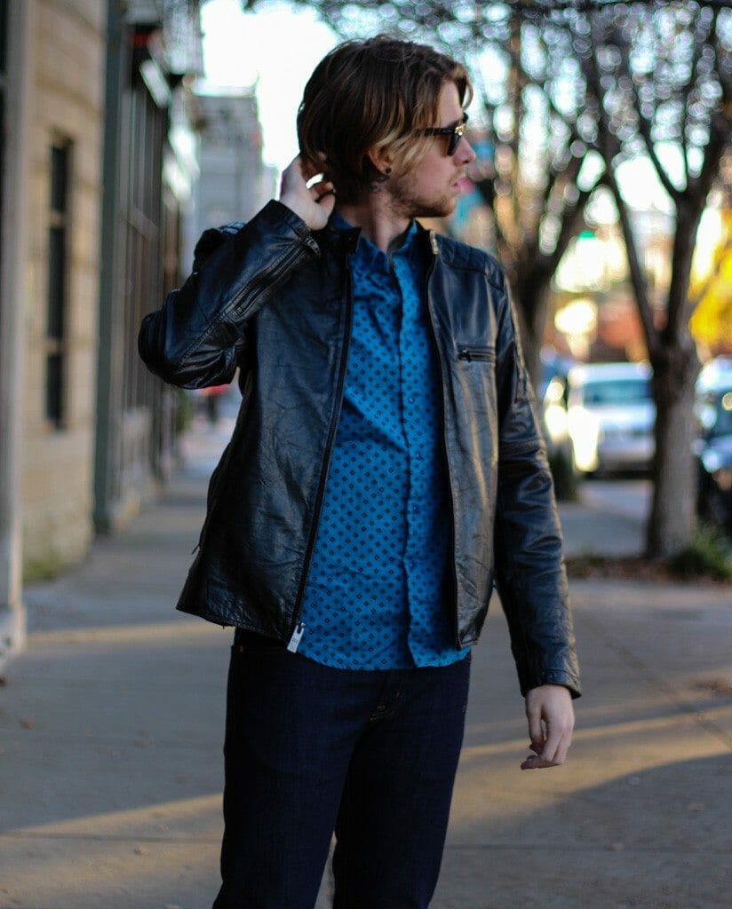 The Kentucky Gent in Obey Woven, Andrew Marc Leather Jacket, WESC Jeans, and J Shoes Boots