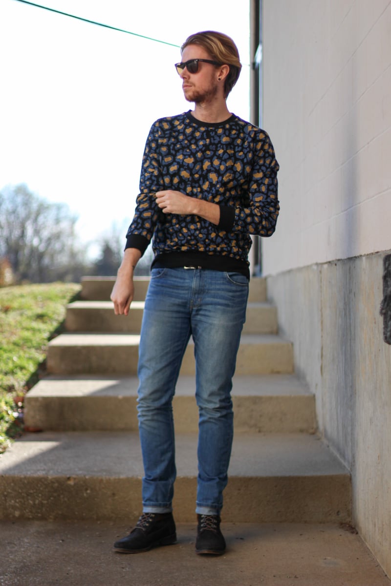 The Kentucky Gent in WeSC Digital Leopard Print Sweatshirt, WeSC Eddy Jeans, J Shoes, and Ray-Ban Wayfarers