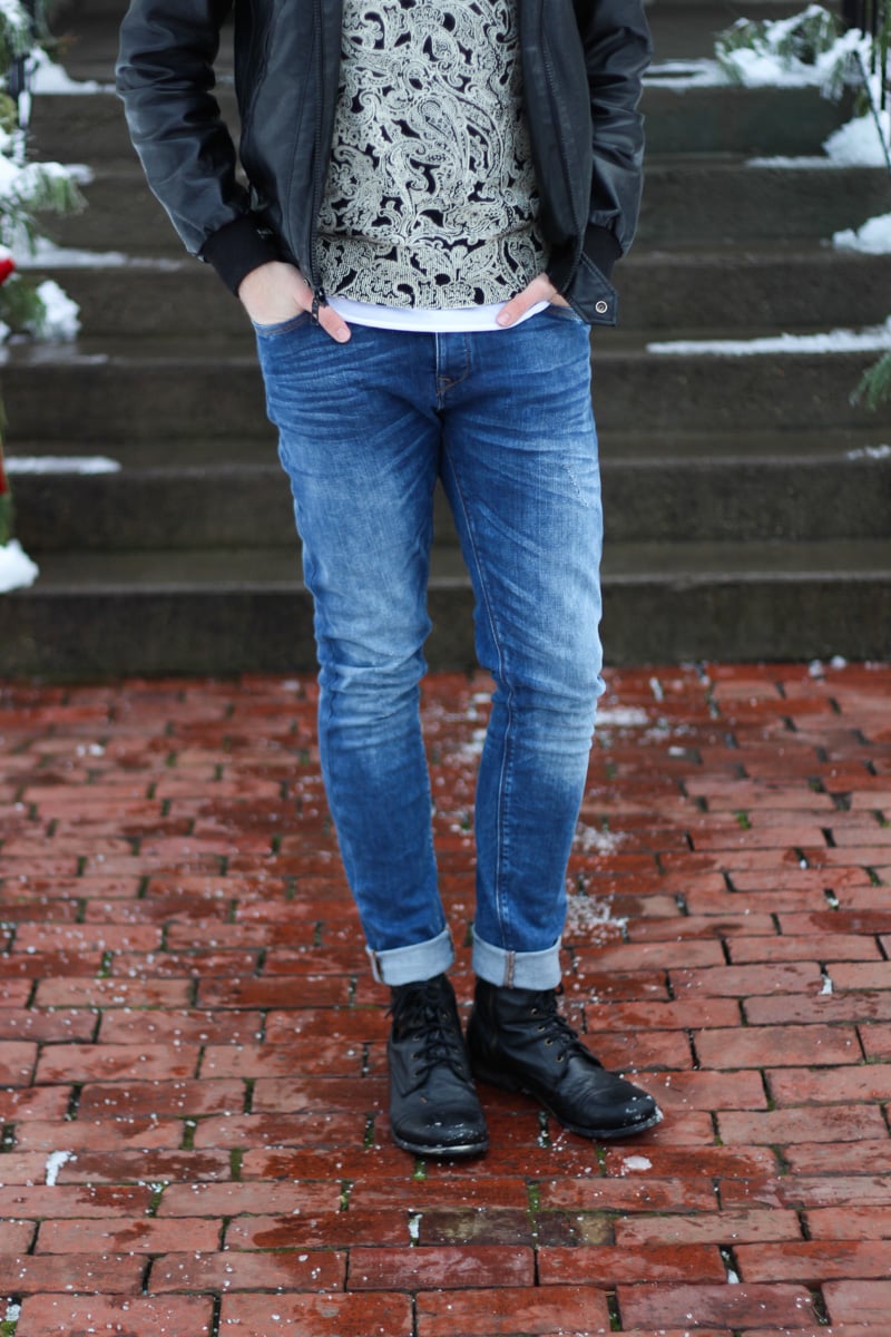 The Kentucky Gent in H&M Paisley Sweater, American Apparel Henley, Zara Jeans, Black Apple Leather Jacket, and Steve Madden Troopah 2 Boots