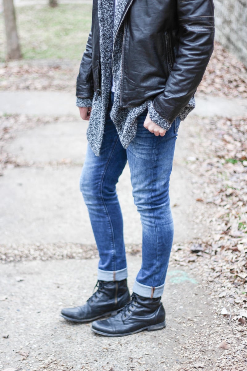 The Kentucky Gent in H&M Full Zip Sweater, Andrew Marc Leather Jacket, Zara Jeans, Steve Madden Troopah 2 Boots, and BDG V-Neck