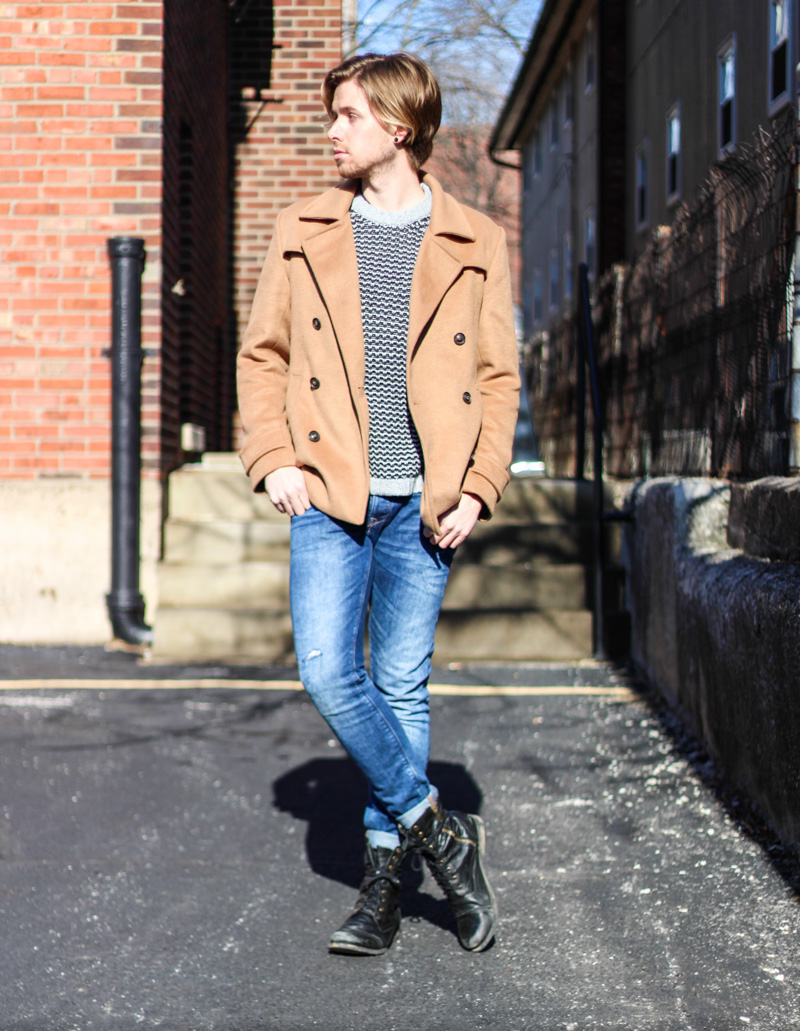 The Kentucky Gent in 21Men Camel Coat, H&M Sweater, Zara Jeans, and Steve Madden Troopah2 Boots