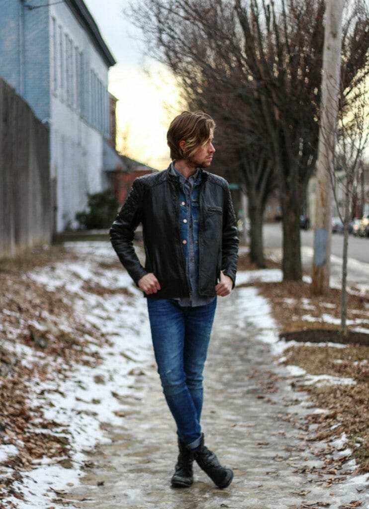 The Kentucky Gent in Andrew Marc Leather Jacket, Your Neighbors Polka Dot Shirt, Levis Denim Vest, Zara Jeans, and Steve Madden Boots