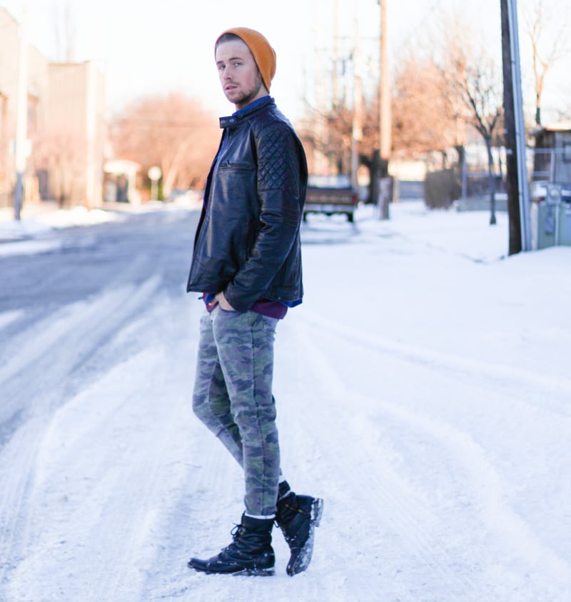 The Kentucky Gent in Topman Mesh Shirt, HM Denim Shirt, Andrew Marc Leather Jacket, Tripp NYC Camo Pants, Steve Madden Troopah2 Boots, and 21 Men Beanie