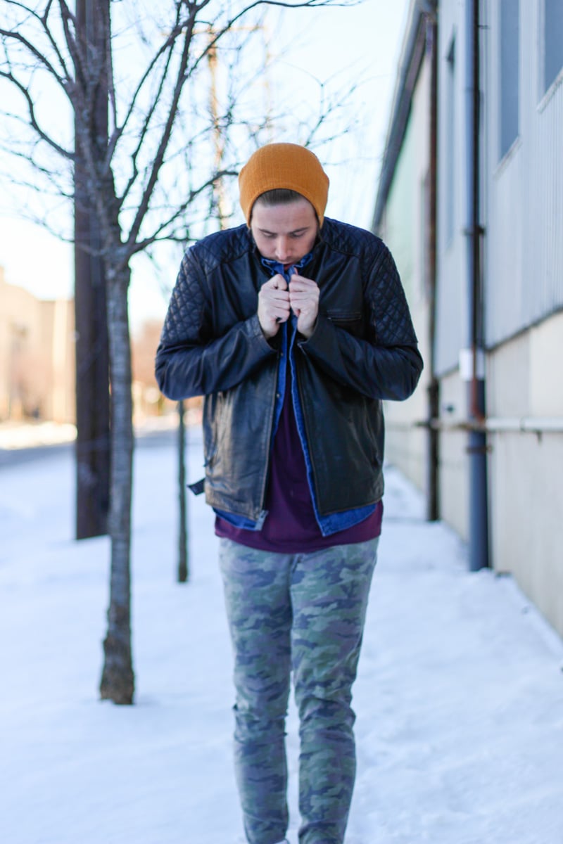 The Kentucky Gent in Topman Mesh Shirt, HM Denim Shirt, Andrew Marc Leather Jacket, Tripp NYC Camo Pants, Steve Madden Troopah2 Boots, and 21 Men Beanie