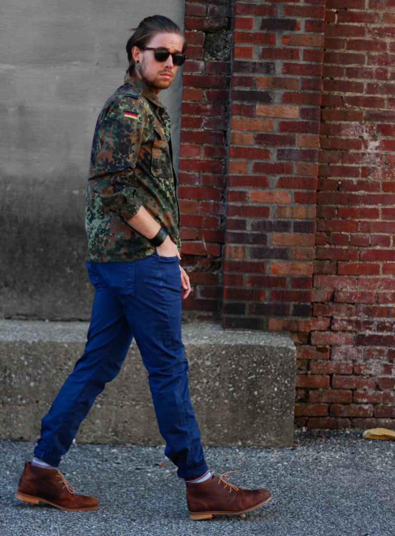 The Kentucky Gent in Original Penguin Briscoe Sunglasses, Camouflage Jacket, Big Star Division Brushed Twill Pants, Richer Poorer Socks, and J Shoes Monarch Boot