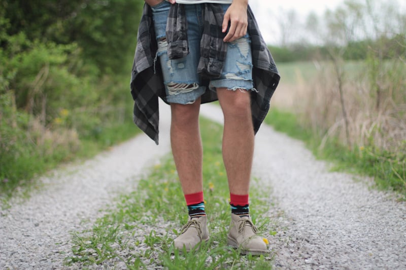 The Kentucky Gent for CAT Footwear's Summer Festival Style campaign in BDG Tank, Devil's Harvest Plaid, Levi's Denim Shorts, Richer Poorer Socks, and Caterpillar Suede Chukka Boots