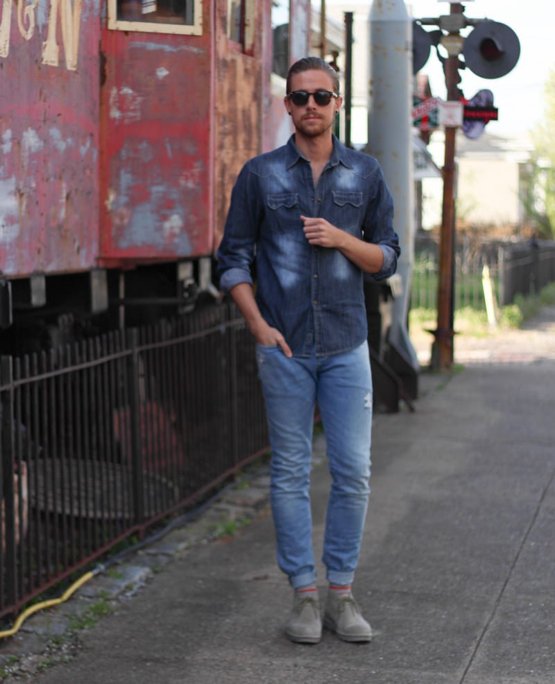 The Kentucky Gent in Spring Time Denim from H&M, JACHS Denim Shirt, Soxy Striped Socks, CAT Footwear Boots, and Original Penguin Sunglasses
