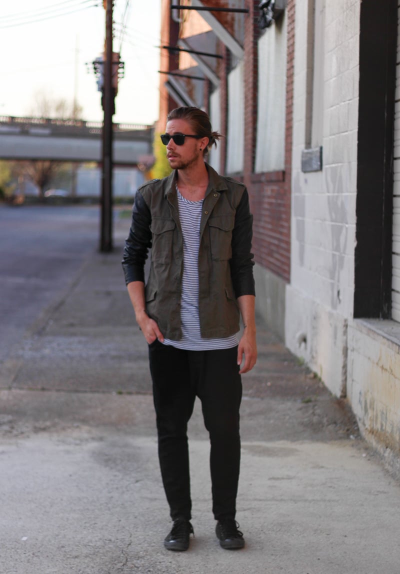 The Kentucky Gent in H&M Military Jacket, Copy Collection Striped T-Shirt, H&M Linen Harem Pants, Black Chucks, and Rayban Wayfarers