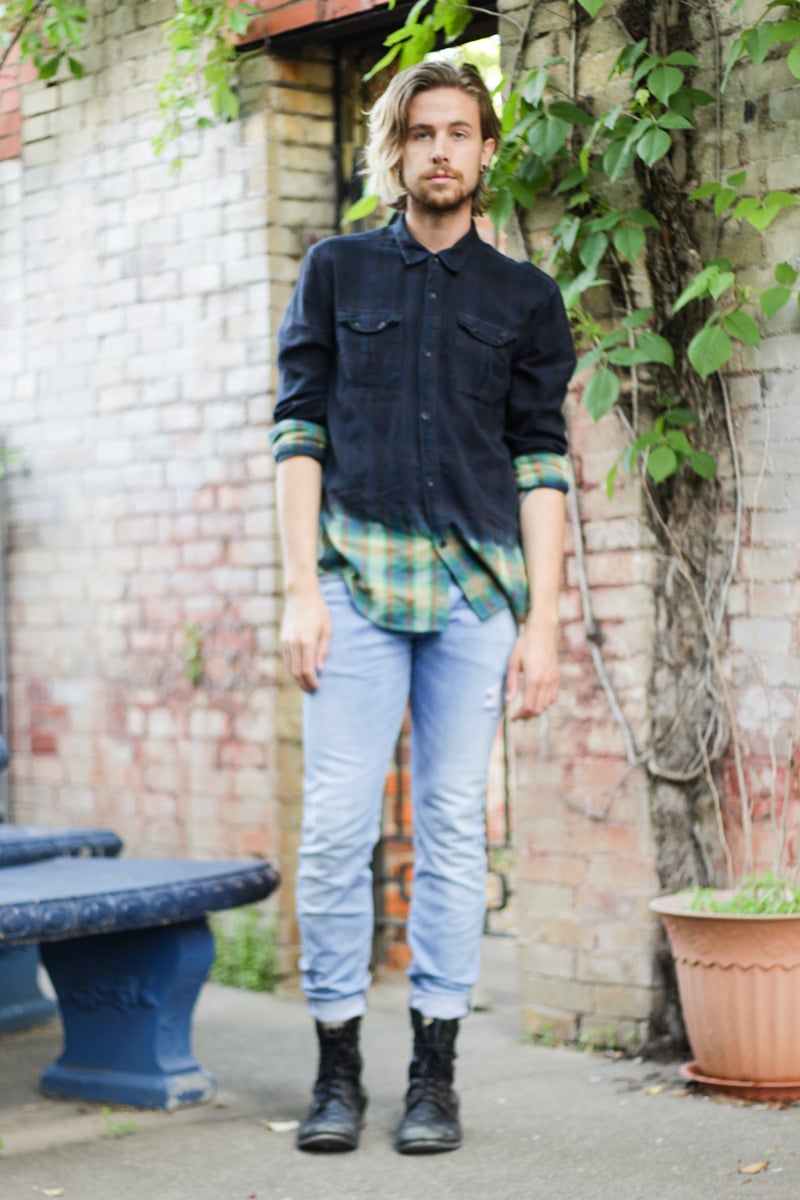 The Kentucky Gent in Devi's Harvest Ombré plaid shirt, H&M Jeans, Steve Madden Troopah Boots, and Soxy Socks.