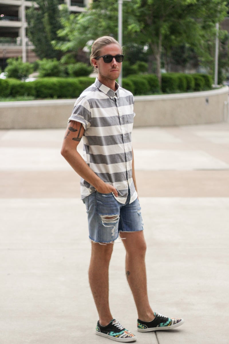 The Kentucky Gent in Aeropostale Striped Short Sleeve Woven, Levi's Cut Off Shorts, Ray-Ban Wayfarers, and Bucketfeet Aztec Print Sneakers.
