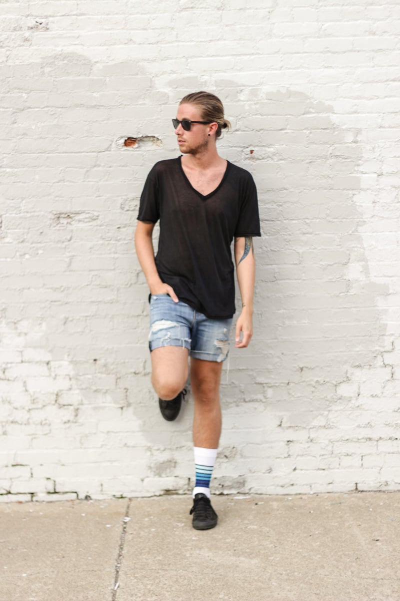 The Kentucky Gent in American Apparel V-Neck, Levi's Cut Off Shorts, Ray-Ban Wayfarers, Converse Chucks, and Richer Poorer Striped Athletic Socks.