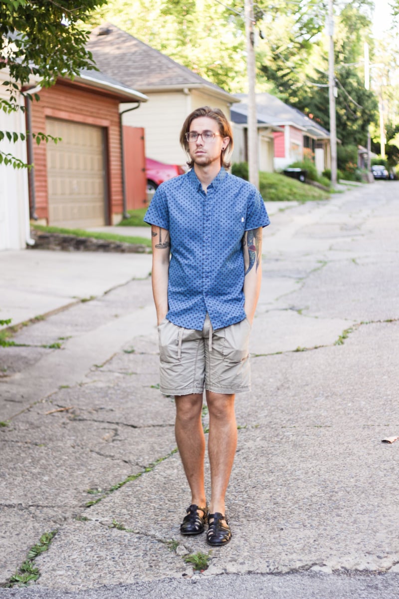 The Kentucky Gent in Original Penguin The Donovan Glasses, Obey Short Sleeve Woven Shirt, Jeremiah Clothing Shorts, and Zara Sandals.