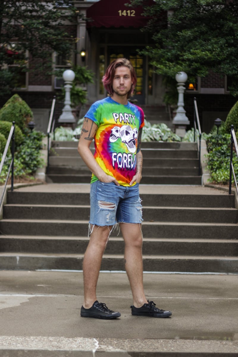 The Kentucky Gent in Chi Flo Apparel Party Forever Tie Dye T-Shirt, Levi's Cut Off Shorts, and Converse Chuck Taylors.