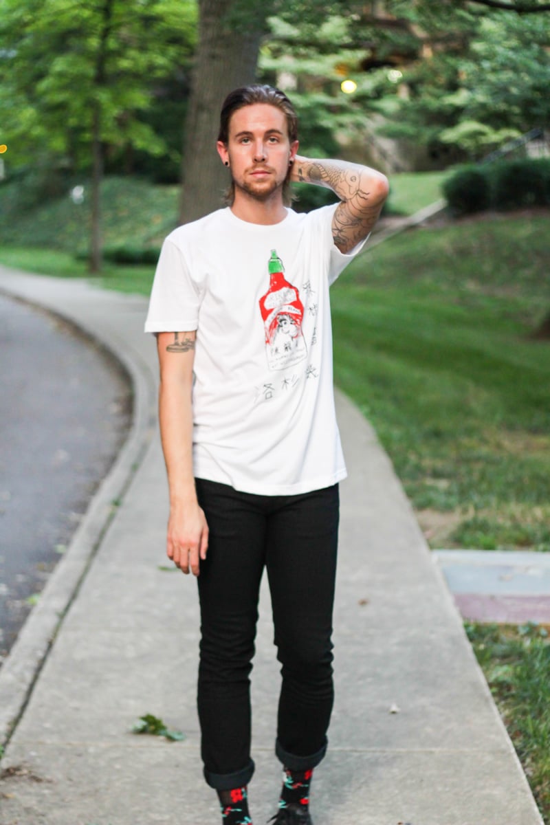 The Kentucky Gent in Custom Ketchup Sriracha T-Shirt, Levi's 511 Black Skinny Jeans, Richer Poorer Athletic Socks, and Converse Chuck Taylors.