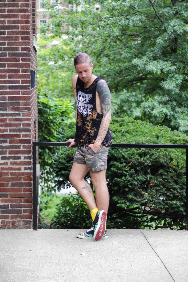 The Kentucky Gent in Obey Tank Top, Topman Camo Shorts, Richer Poorer Socks, and Bucket Feet Shoes.