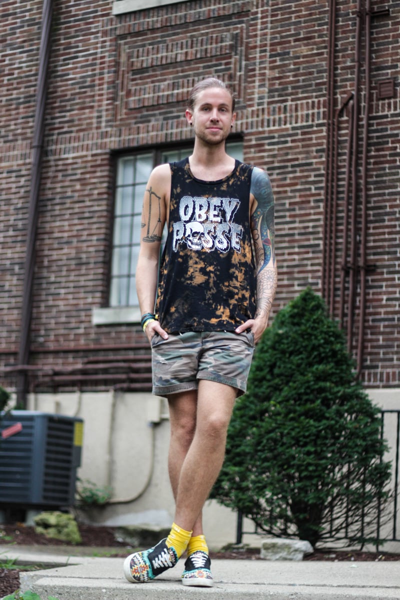 The Kentucky Gent in Obey Tank Top, Topman Camo Shorts, Richer Poorer Socks, and Bucket Feet Shoes.
