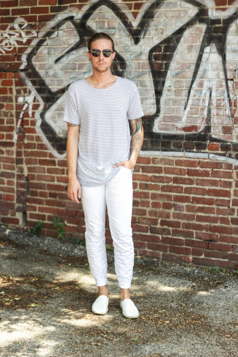 The Kentucky Gent in Spy Optic Sunglasses, Copy Collection Oversized Striped T-Shirt, H&M White Linen Pants, and H&M White Espadrilles.