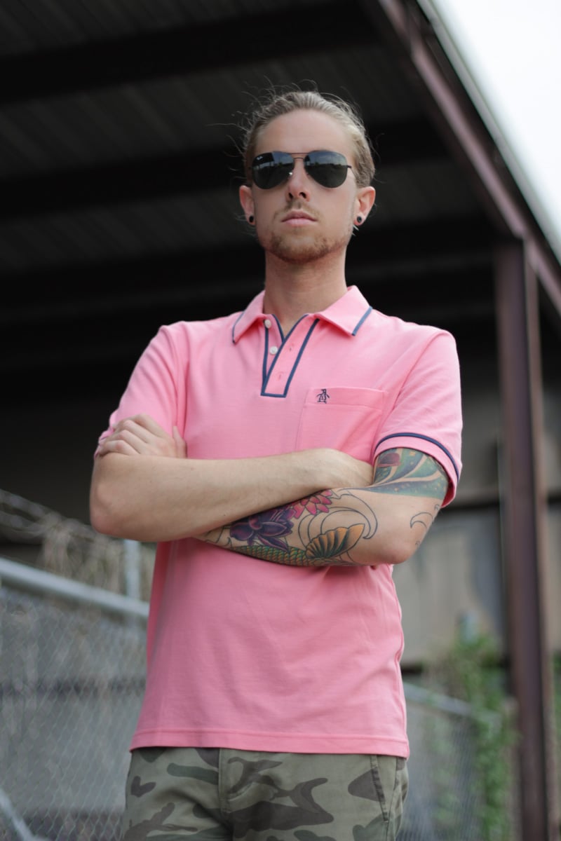 The Kentucky Gent in Original Penguin Pink Polo Shirt, Dockers Camouflage Pants, Bucketfeet Slip On Shoes, and Ray-Ban Aviator Sunglasses.