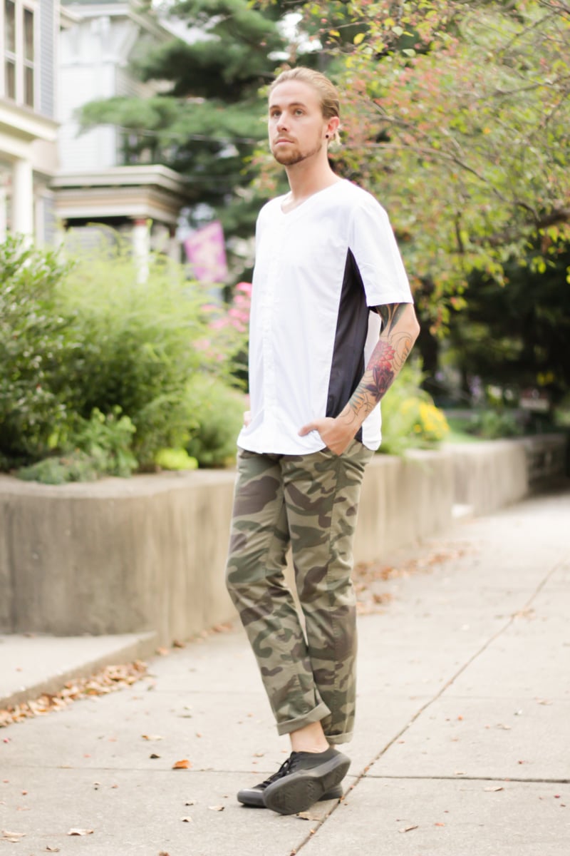 The Kentucky Gent, a men's fashion and lifestyle blogger, in Narrows Mesh Panel Shirt, Dockers Camo Pants, and Converse Chuck Taylors. 