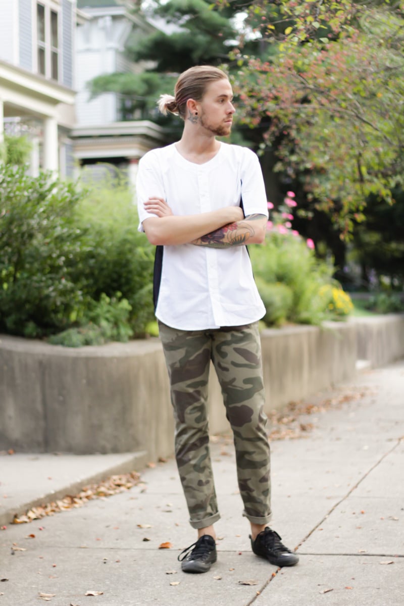 The Kentucky Gent, a men's fashion and lifestyle blogger, in Narrows Mesh Panel Shirt, Dockers Camo Pants, and Converse Chuck Taylors. 