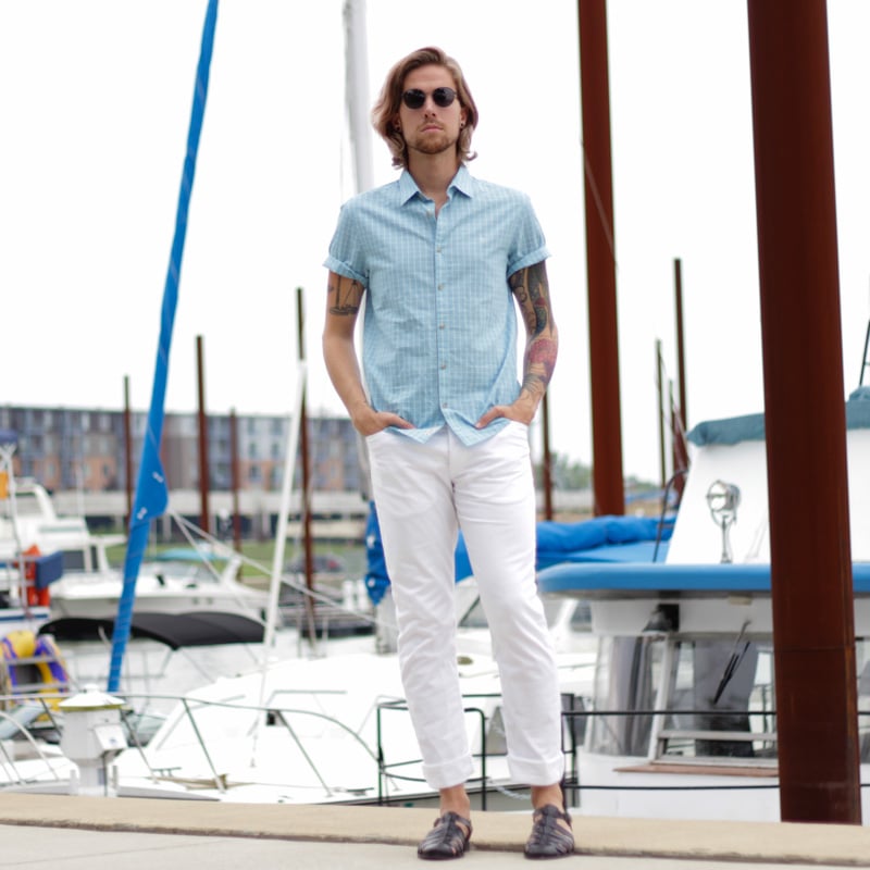 The Kentucky Gent, a men's southern life and style blogger, in Original Penguin Shirt, H&M White Twill Pants, Zara Sandals, and Original Penguin Sunglasses.