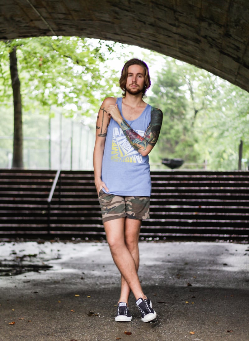 The Kentucky Gent, a men's fashion and life style blogger, in Ambig Clothing Tank Top, Topman Camo Shorts, and Converse Chuck Taylors. 