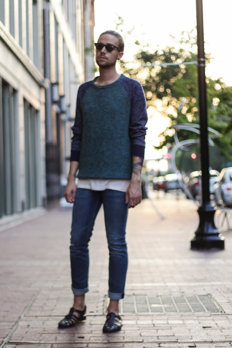 The Kentucky Gent, a men's fashion and life style blogger, in Koto Sweatshirt Sweater, Obey Tank Top, Levi's 511 Jeans, Zara Sandals, and TOMS Sunglasses.