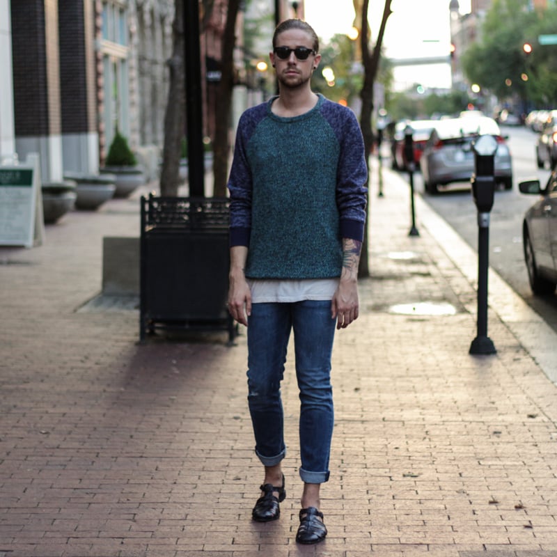The Kentucky Gent, a men's fashion and life style blogger, in Koto Sweatshirt Sweater, Obey Tank Top, Levi's 511 Jeans, Zara Sandals, and TOMS Sunglasses.