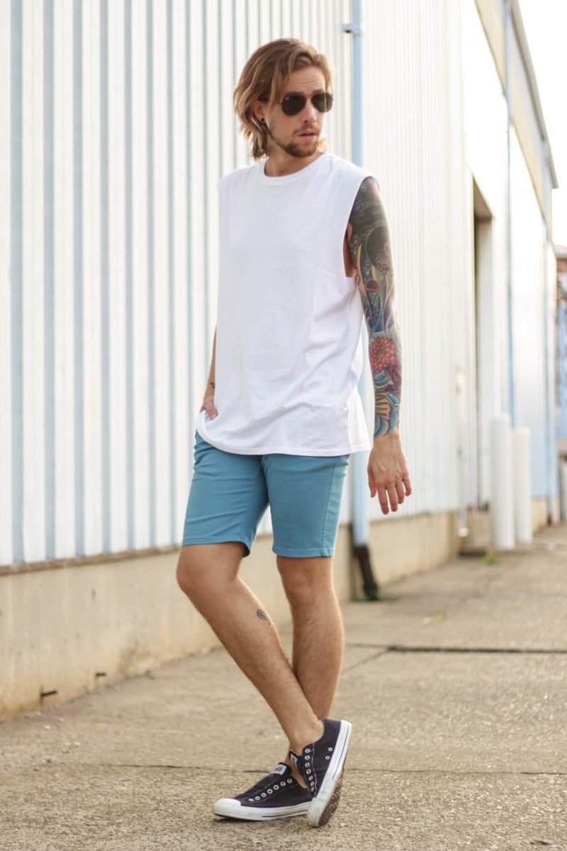 The Kentucky Gent, a Southern men's life and style blogger, in Topman Muscle Shirt, Ambig Clothing Shorts, Converse Chuck Taylors, and Ray-Ban Aviator Sunglasses from East Dane.