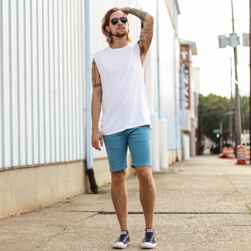 The Kentucky Gent, a Southern men's life and style blogger, in Topman Muscle Shirt, Ambig Clothing Shorts, Converse Chuck Taylors, and Ray-Ban Aviator Sunglasses from East Dane.