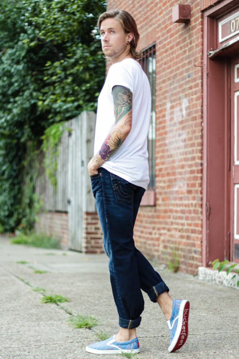 The Kentucky Gent in True Religion Billy Bootcut Jean, BDG White T-Shirt, and Bucketfeet Slip On Shoes.