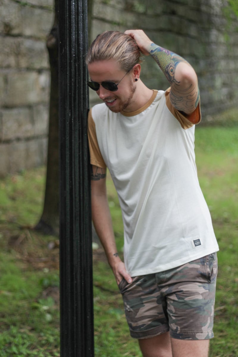 The Kentucky Gent, a men's fashion and life style blogger, in Ambig Clothing T-Shirt, Topman Camo Shorts, Converse Chuck Taylors, and Ray-Ban Aviator Sunglasses.
