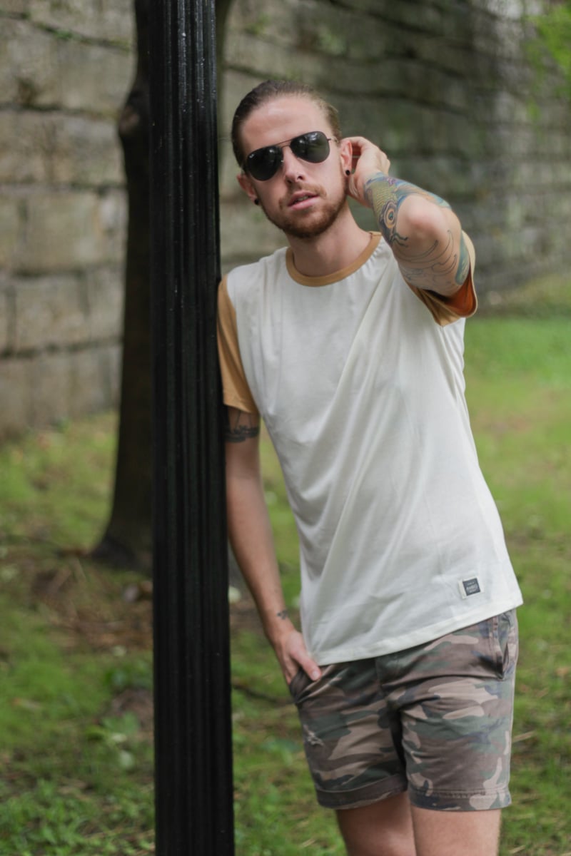 The Kentucky Gent, a men's fashion and life style blogger, in Ambig Clothing T-Shirt, Topman Camo Shorts, Converse Chuck Taylors, and Ray-Ban Aviator Sunglasses.