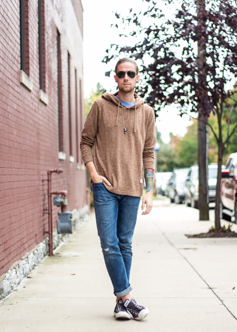 The Kentucky Gent, a men's fashion and lifestyle blogger, in Katin Sock Hoodie, Levi's 511 Jeans, Half United Necklace, Converse Chuck Taylors, and Ray-Ban Aviator Sunglasses.