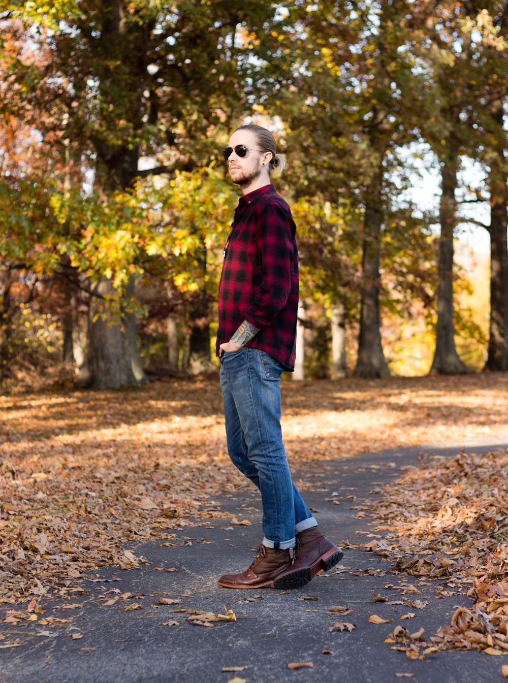 The Kentucky Gent, a Louisville, Kentucky blogger, wearing Ray-Ban Aviator Sunglasses, Miansai Bracelet, Half United Necklace, BDG Ringer Tank Top, Levi's 511 jeans, and Trask Union Shearling Boots