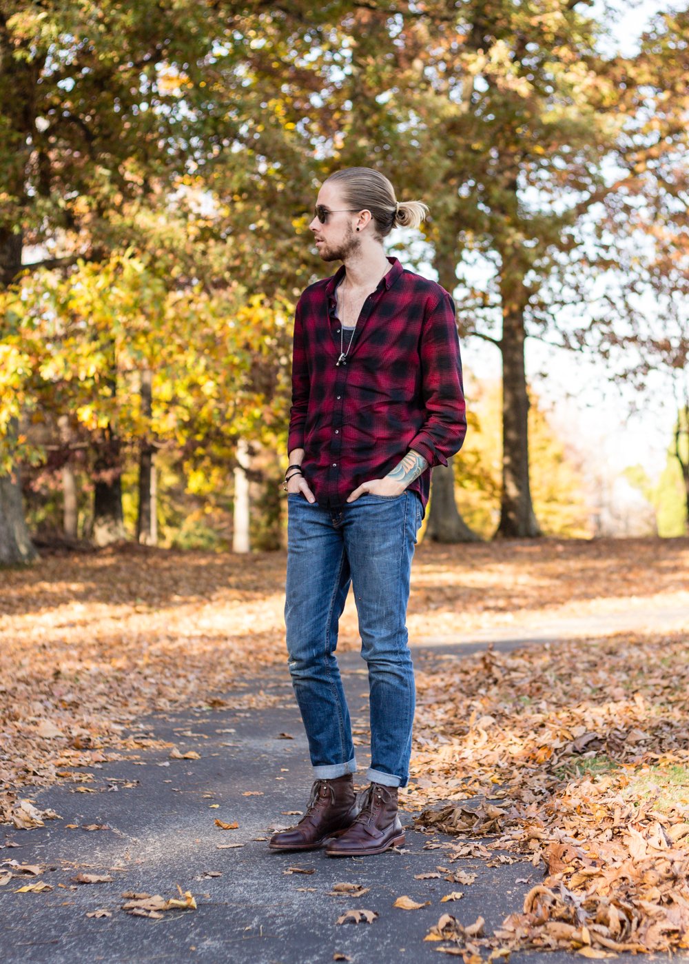 The Kentucky Gent, a Louisville, Kentucky blogger, wearing Ray-Ban Aviator Sunglasses, Miansai Bracelet, Half United Necklace, BDG Ringer Tank Top, Levi's 511 jeans, and Trask Union Shearling Boots
