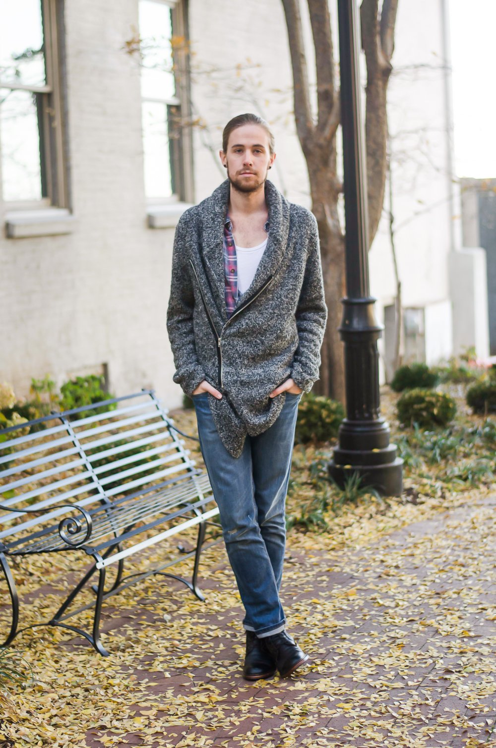 The Kentucky Gent, a Louisville, Kentucky life and style blogger, in H&M Sweater, Colorfast Plaid Shirt, Levi's 511 jeans, Richer Poorer Socks, and Trask Union Boots. 