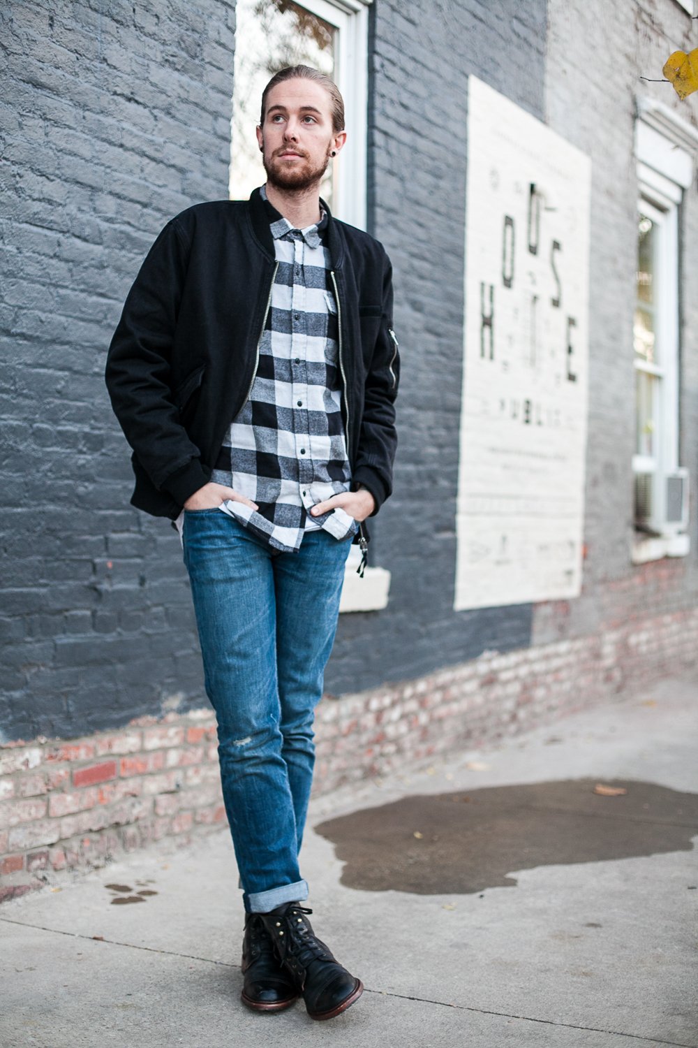 The Kentucky Gent, a Louisville, Kentucky life and style blogger, in Salt Valley Plaid Shirt, Cheap Monday Bomber Jacket, Levi's 511 Jeans, Trask Union Boots, and Richer Poorer Socks.