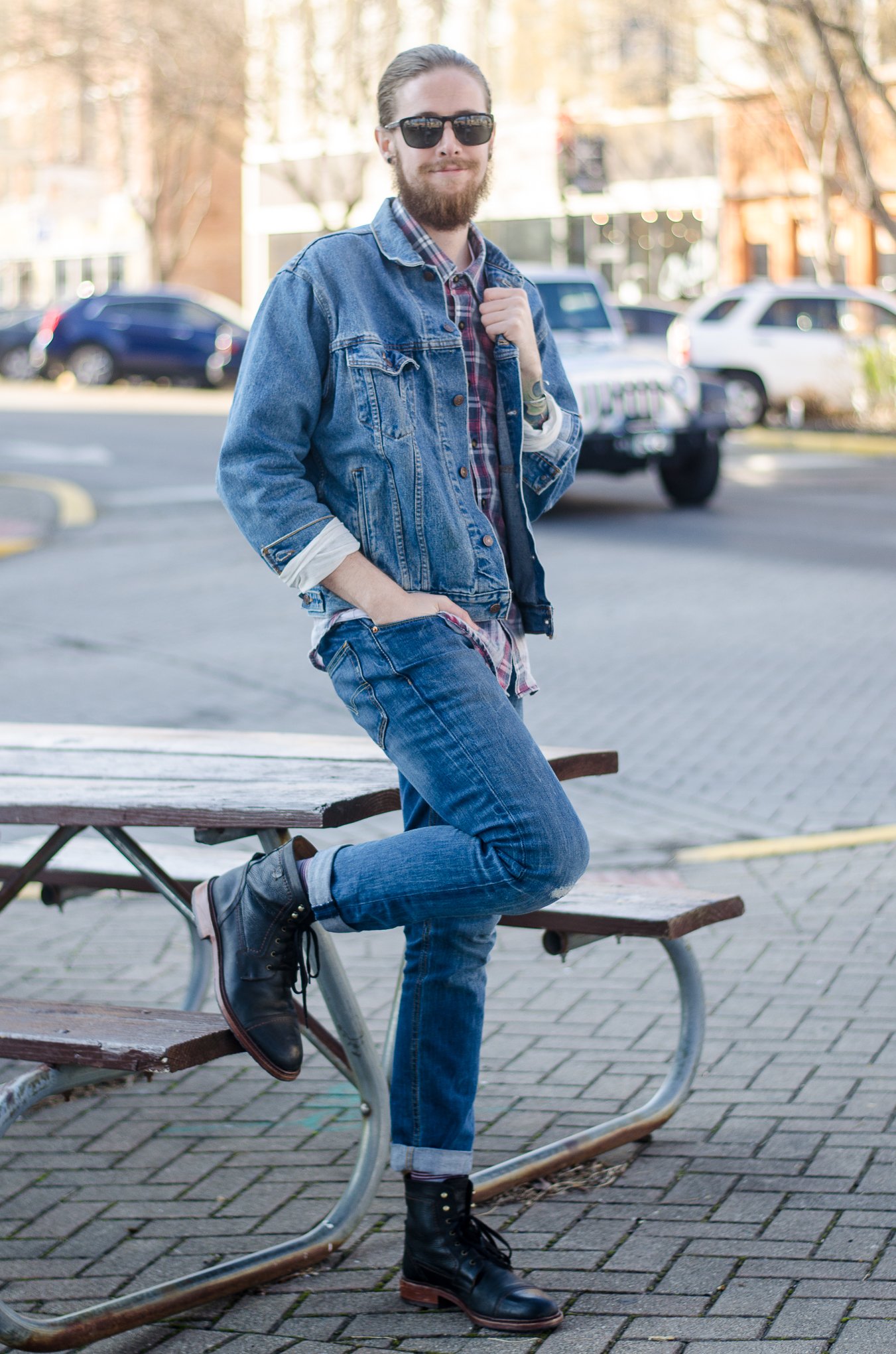 The Kentucky Gent, a Louisville, Kentucky based men's fashion and lifestyle blogger, wearing Levi's Denim Jacket and Jeans, Plaid Shirt, Giles and Brother Cuff, SPY Optic Sunglasses, and Trask Boots. 
