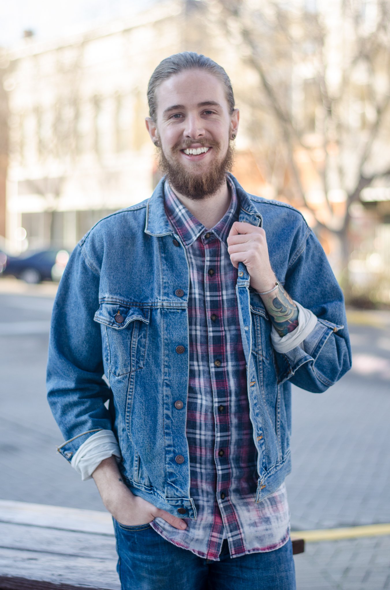 The Kentucky Gent, a Louisville, Kentucky based men's fashion and lifestyle blogger, wearing Levi's Denim Jacket and Jeans, Plaid Shirt, Giles and Brother Cuff, SPY Optic Sunglasses, and Trask Boots. 