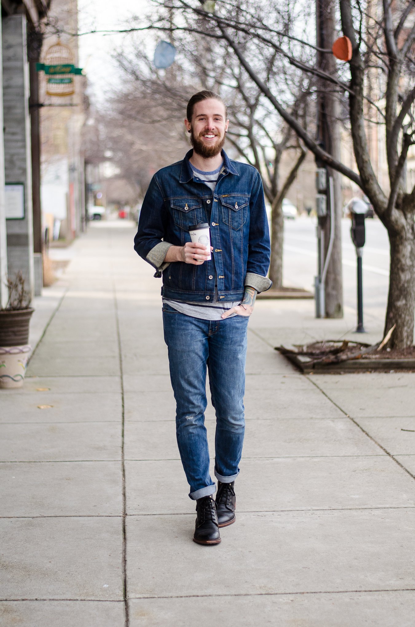 The Kentucky Gent, a Louisville, Kentucky men's life and style blogger, in Big Star Denim Jacket, Aeropostale Baseball Tee, Levi's Jeans, Trask Boots, and Giles & Brother Cuff with Please & Thank You Coffee.