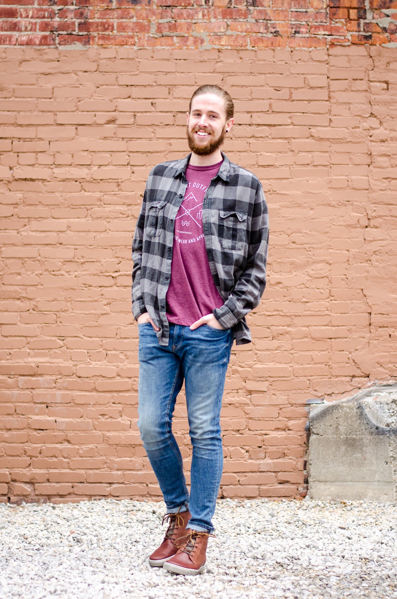 The Kentucky Gent, a Louisville, Kentucky based men's life and style blogger, in Ridgemont Outfitters T-Shirt, Devil's Harvest Plaid Shirt, H&M Jeans, Ecco Shoes, and Giles & Brother Cuff.