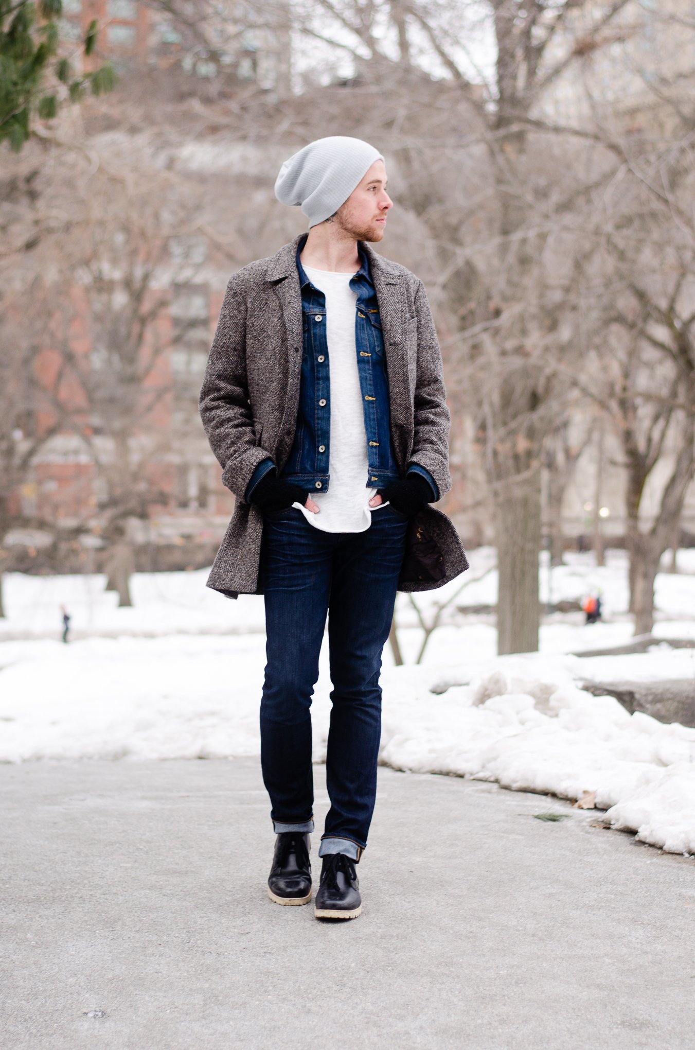 The Kentucky Gent, a men's fashion and lifestyle blogger, explores Central Park in a Big Star Denim Jacket and DSTLD Jeans. 
