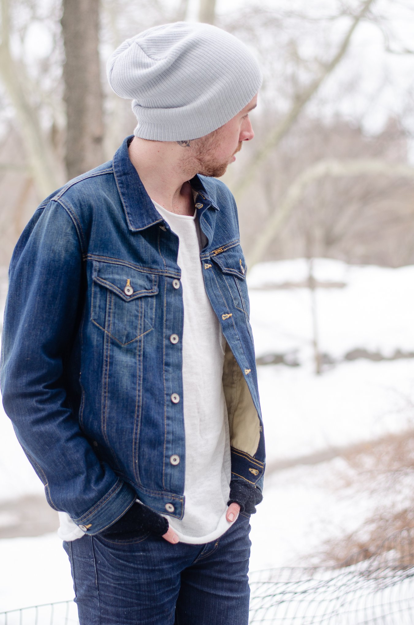 The Kentucky Gent, a men's fashion and lifestyle blogger, explores Central Park in a Big Star Denim Jacket and DSTLD Jeans. 
