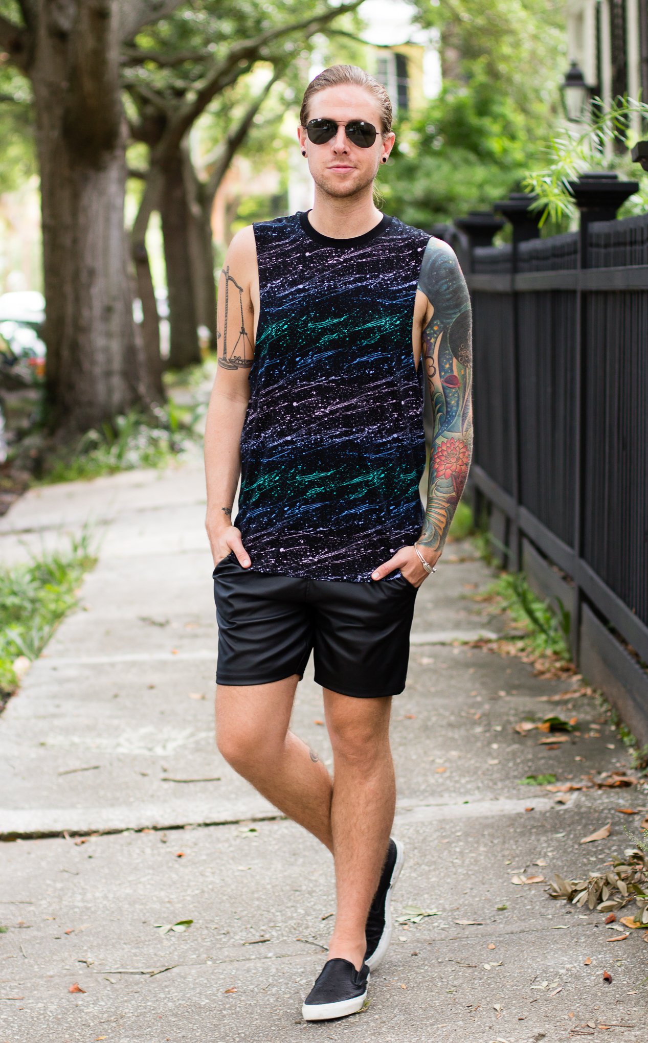 topman, mens tank top, mens faux leather shorts, how to wear leather in summer, mens fashion