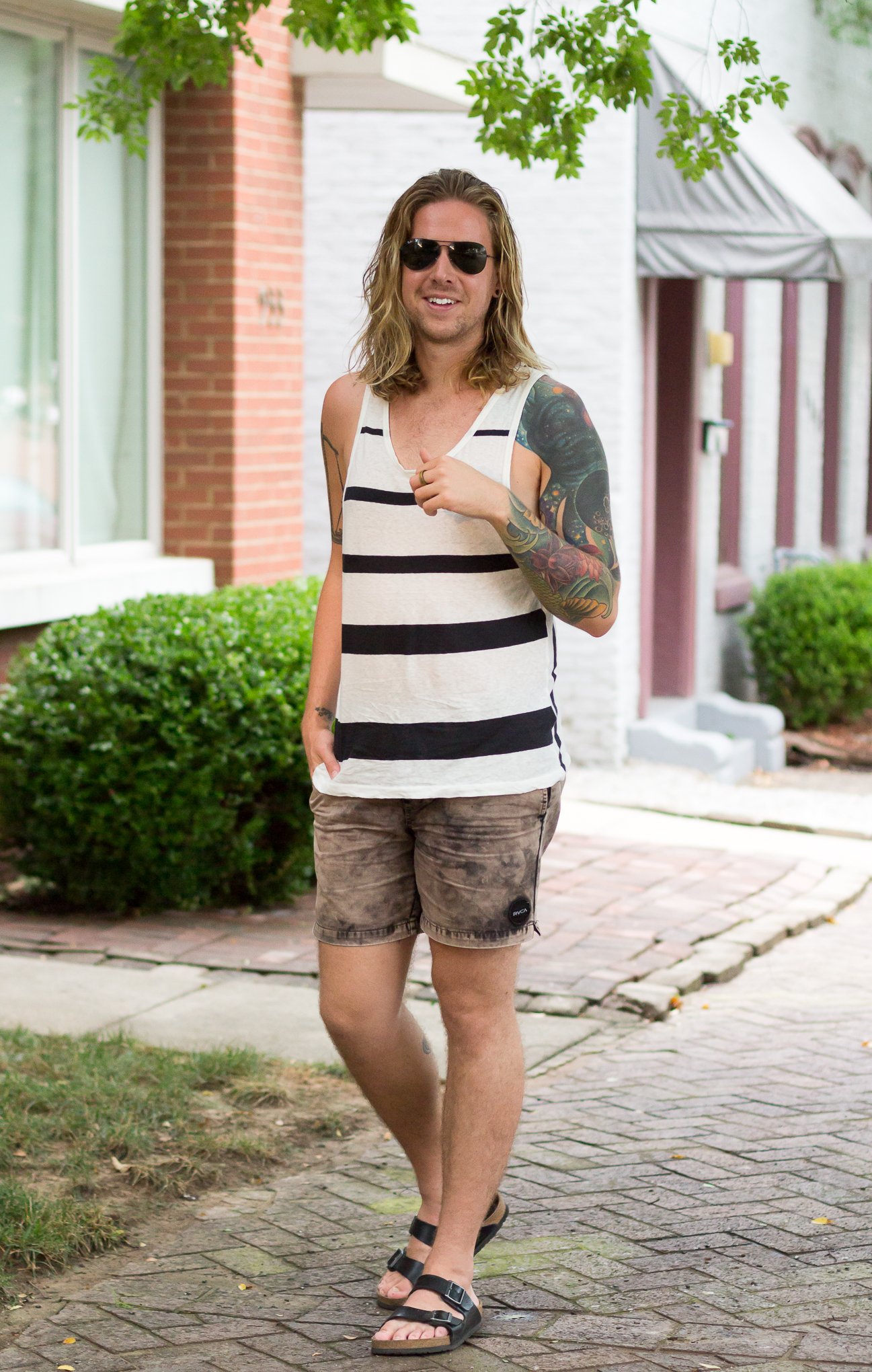 all saints, rvca, mens striped tank top, mens tattoos, how to dress in the summer
